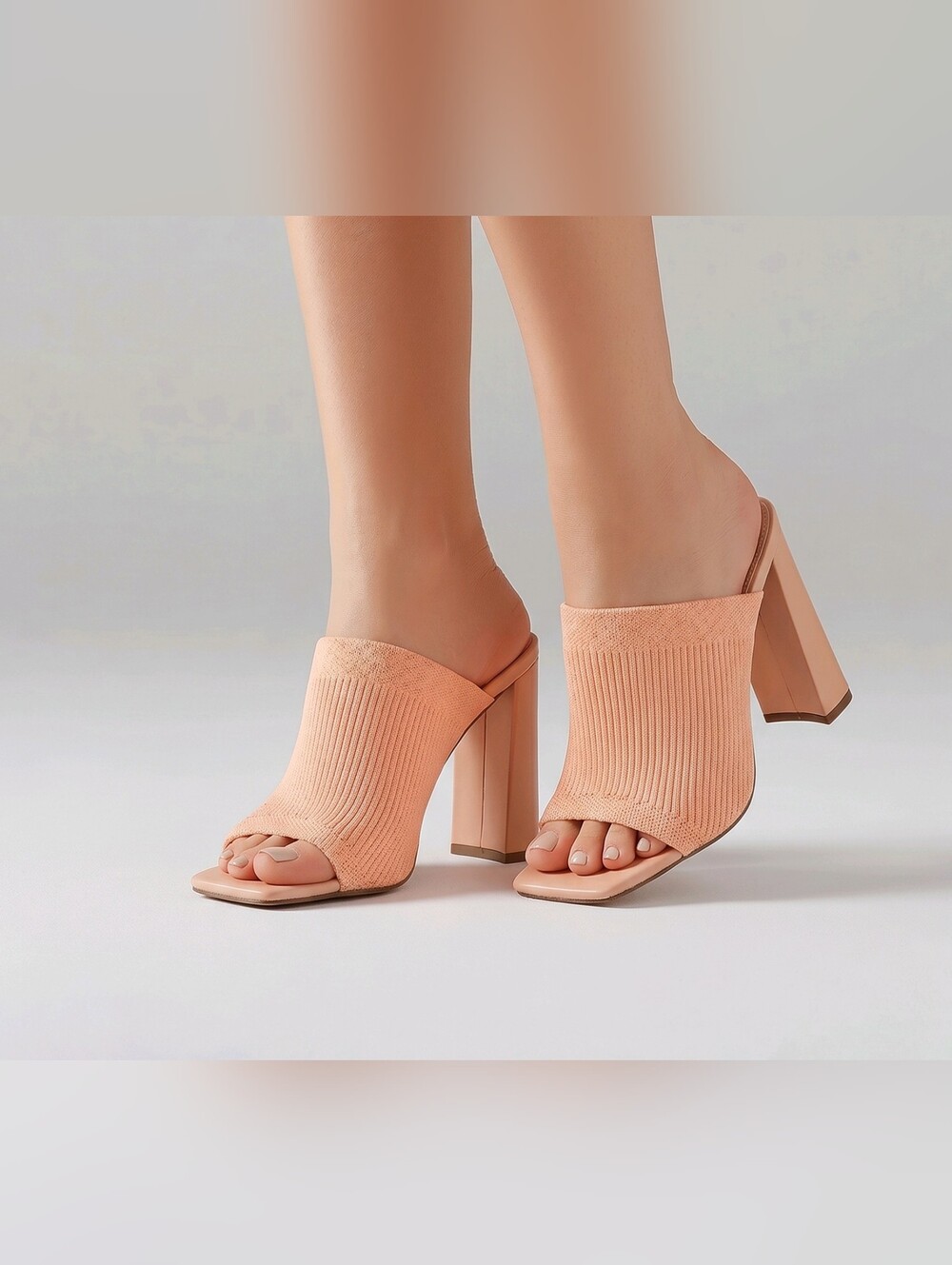 CAPE ROBBIN - Peach Knit Open-Toe Block Heel Mule Sandal